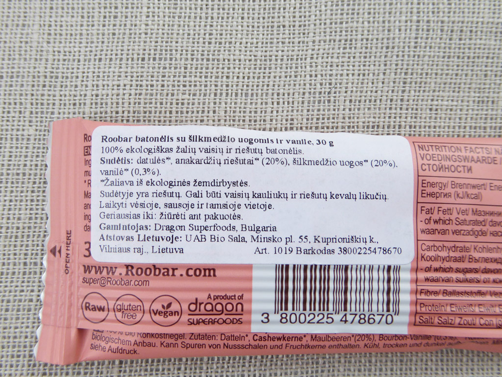 Batonėlis „Roo'Bar: Mulberry, Vanilla“ (Šilkmedžio uogos, vanilė)