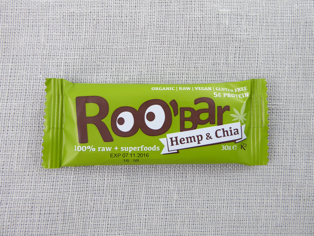 Batonėlis „Roo'Bar: Hemp & Chia“ (Kanapių baltymai, chia sėklos)