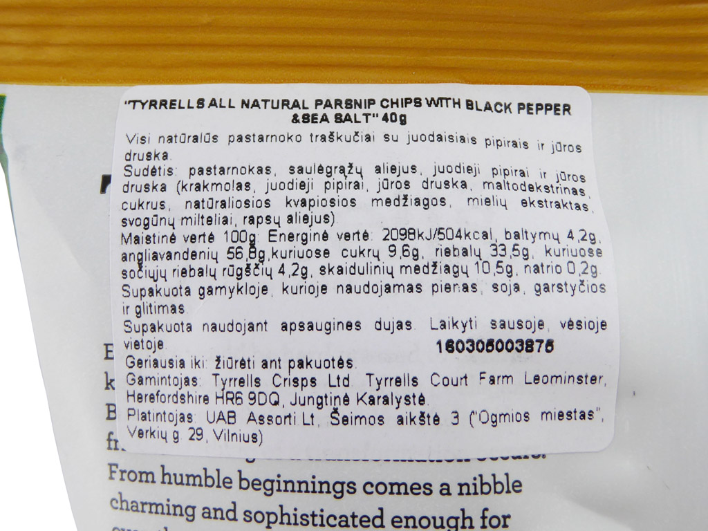 Tyrrell's: Parsnip Crisps (Pastarnoko traškučiai su juodaisiais pipirais ir jūros druska)