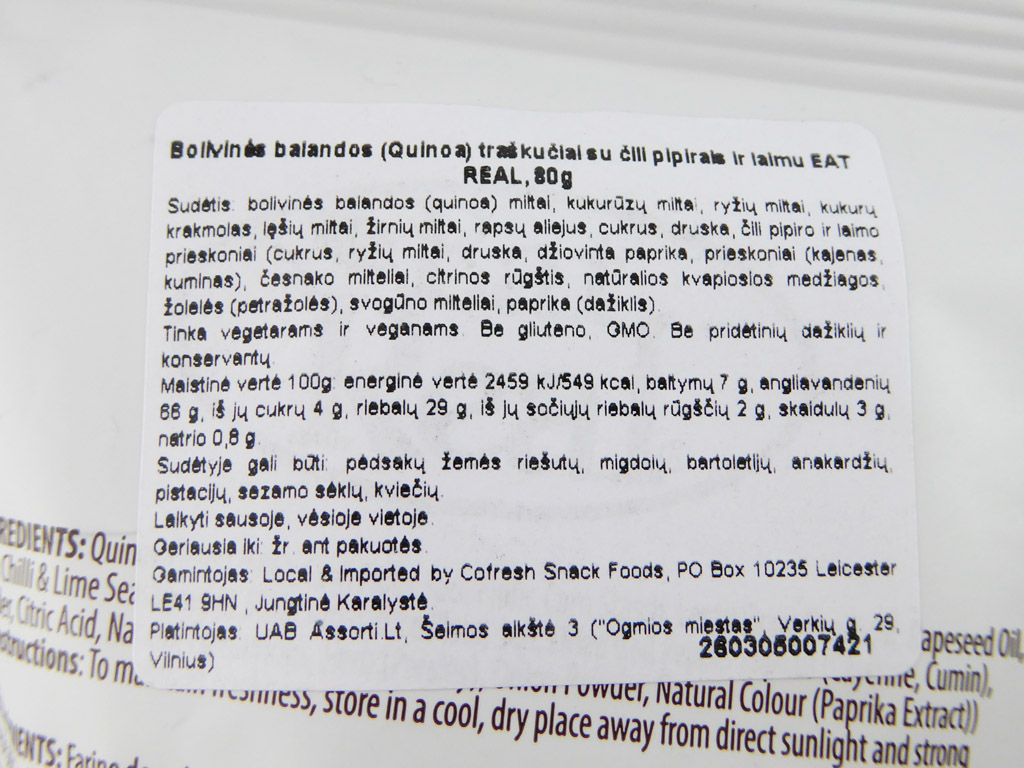 Eat Real: Quinoa Chips (Bolivinės balandos traškučiai su čili pipirais ir laimu)