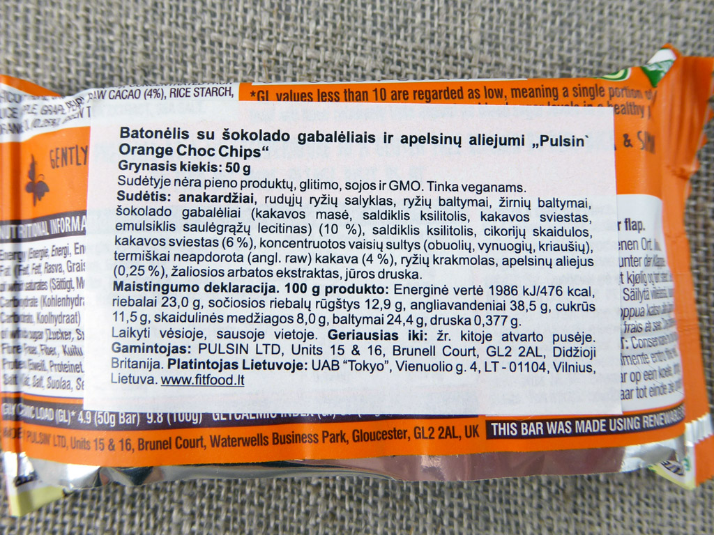 Batonėlis „Pulsin: Orange Choc Chip Protein Snack“ (Su šokolado gabalėliais ir apelsinų aliejumi)