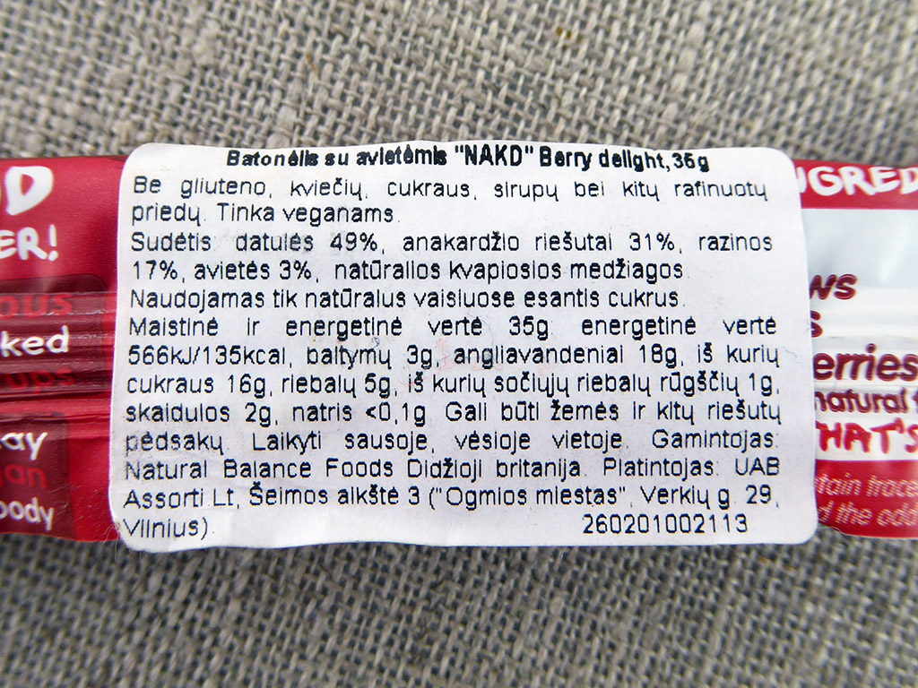 Batonėlis „Nakd: Berry Delight“ (Batonėlis su avietėmis)