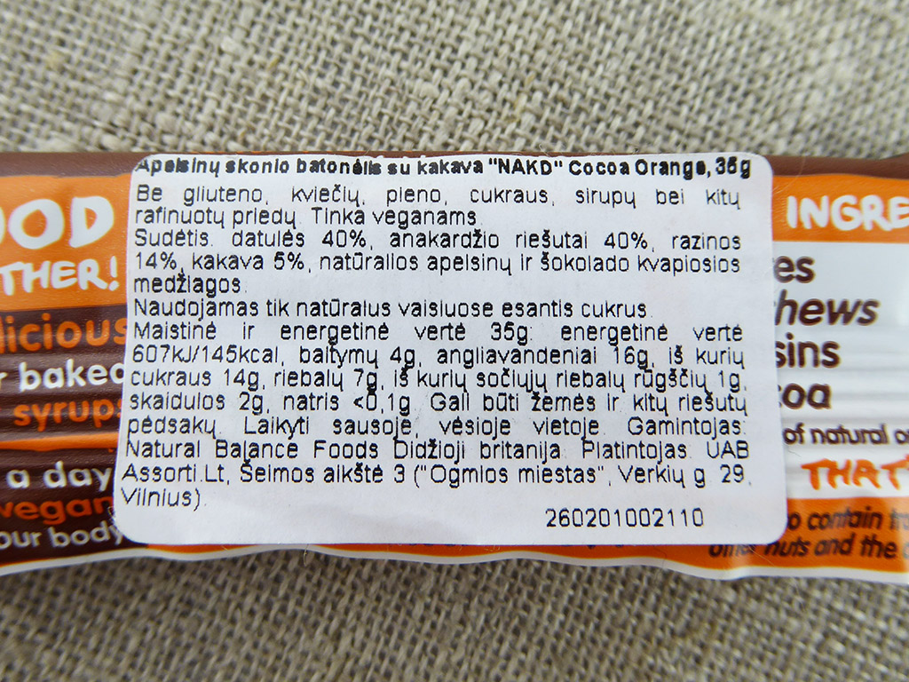 Batonėlis „Nakd: Cocoa Orange“ (Apelsinų skonio batonėlis su kakava)