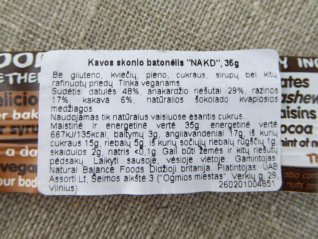 Batonėlis „Nakd: Caffè Mocha“ (Kavos skonio batonėlis)