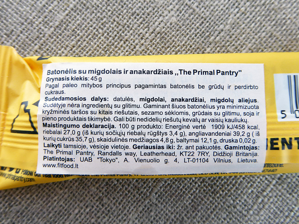 Batonėlis „The Primal Pantry: Almond & Cashew“ (Migdolai ir anakardžiai)