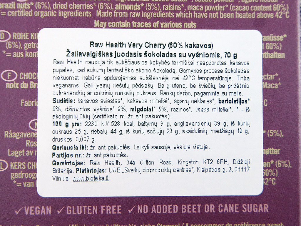 Raw Health: Very Cherry Chocolate (Žaliavalgiškas juodasis šokoladas su vyšniomis)
