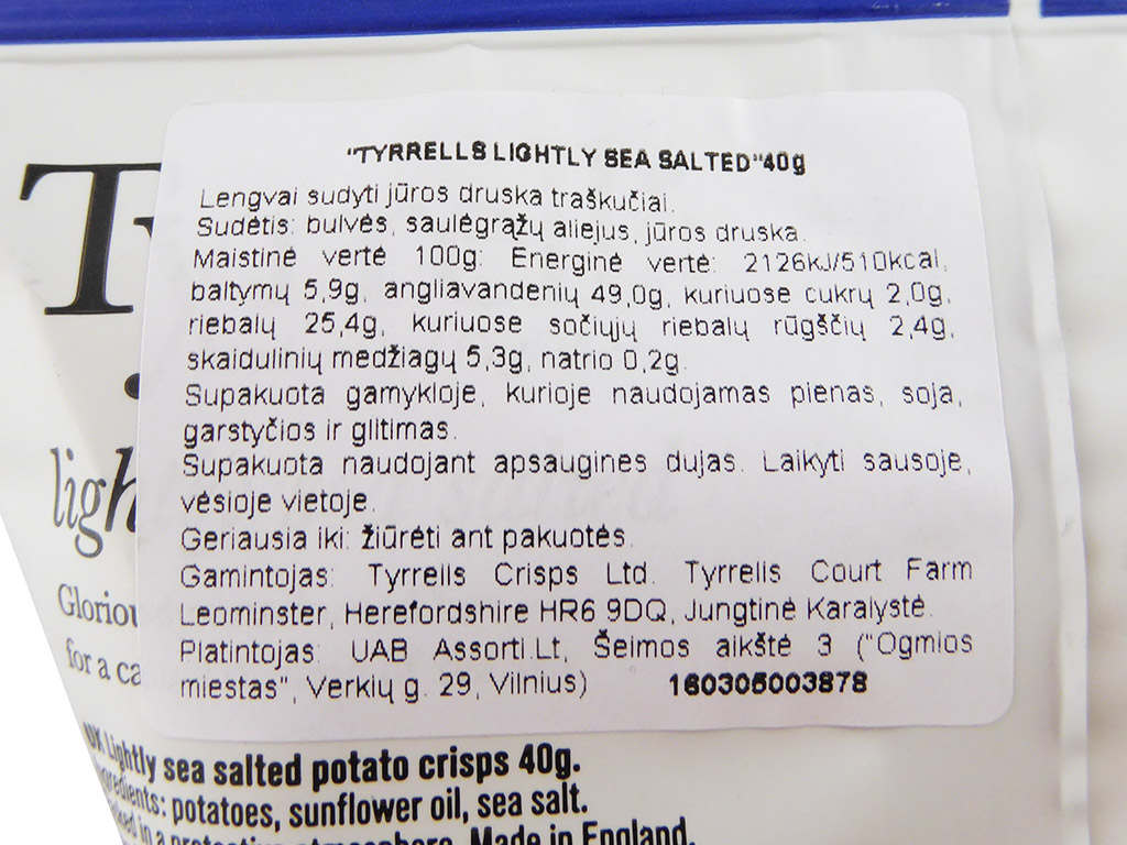 Tyrrell's: Lightly Sea Salted Crisps (Bulvių traškučiai, lengvai sūdyti jūros druska)