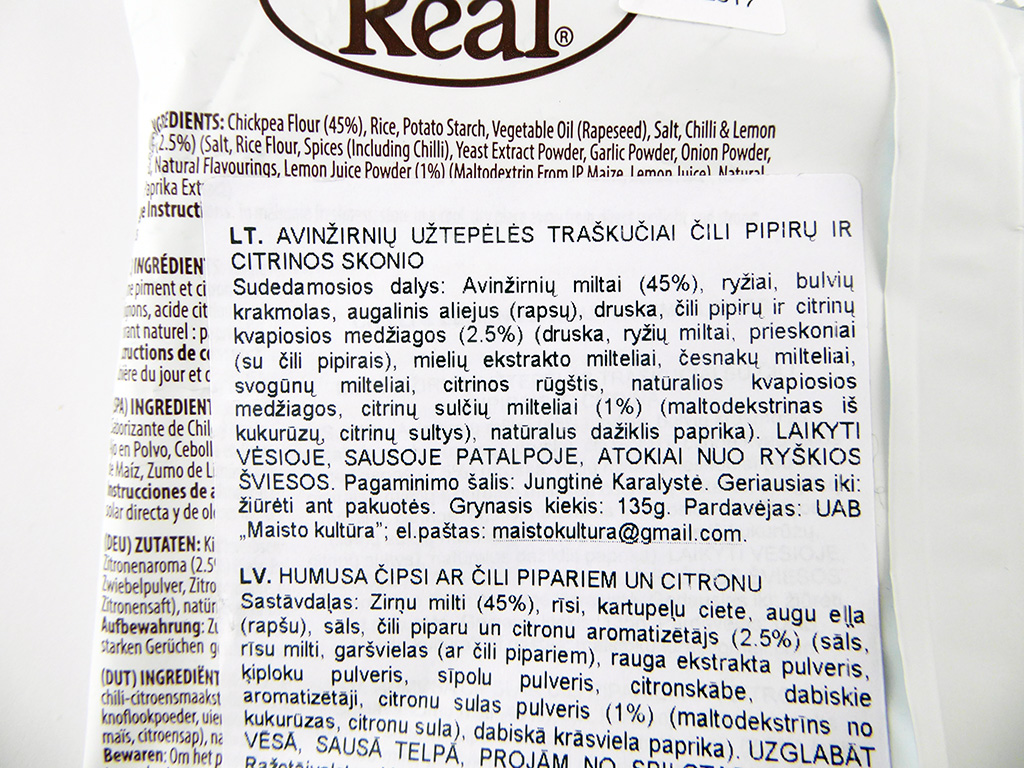 Eat Real: Hummus Chips (Avinžirnių užtepėlės traškučiai čili pipirų ir citrinos skonio)