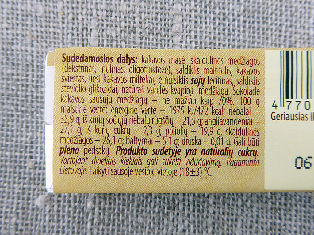 Šokoladas „Rūta“, su stevijomis, 70% kakavos