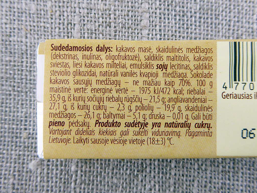 Šokoladas „Rūta“, su stevijomis, 70% kakavos