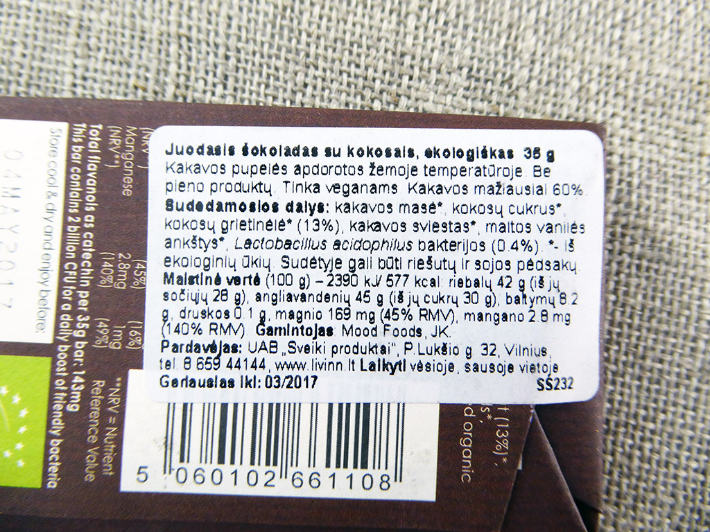 Ombar: Coconut, 60% (Juodasis šokoladas su kokosais)