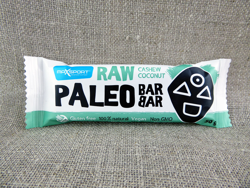 Batonėlis „MaxSport Raw Paleo Barbar: Cashew, Coconut“ (Su kokosais ir anakardžio riešutais)