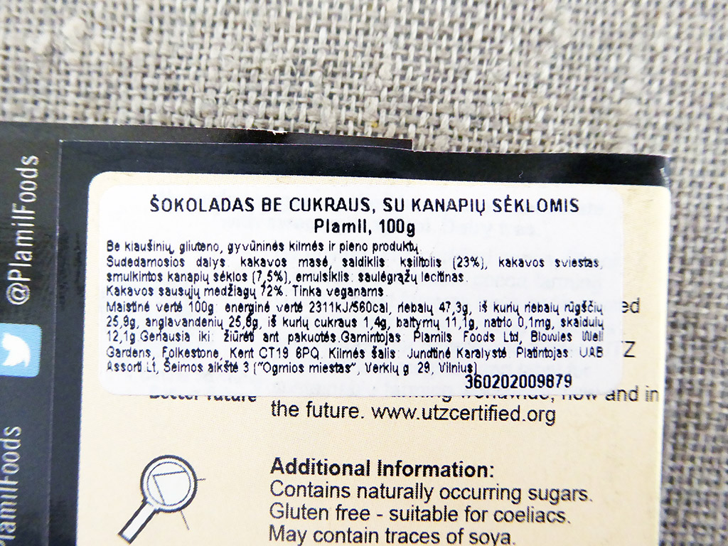 Plamil: No Added Sugar, Shelled Hemp Seed Chocolate (Šokoladas be cukraus, su kanapių sėklomis)