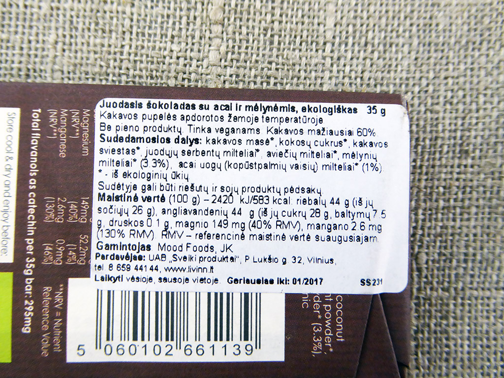 Ombar: Blueberry + Açaí (Juodasis šokoladas su acai ir mėlynėmis)