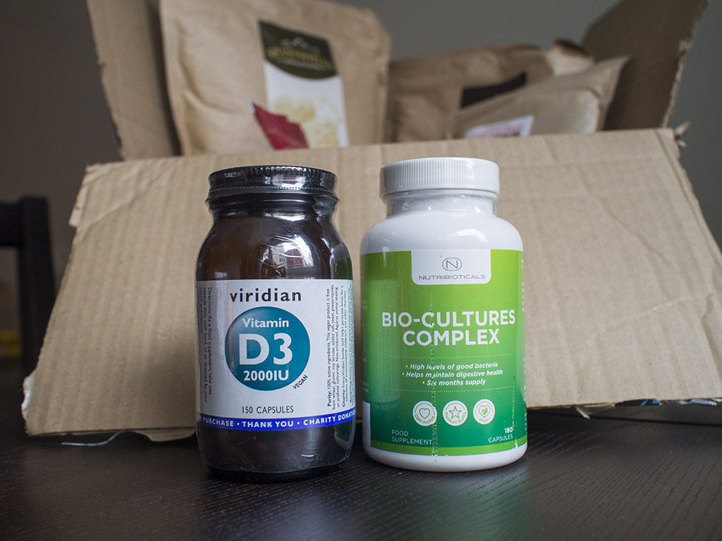 „Viridian“ vitaminas D3, „Nutribioticals“ probiotikai iš amazon.co.uk